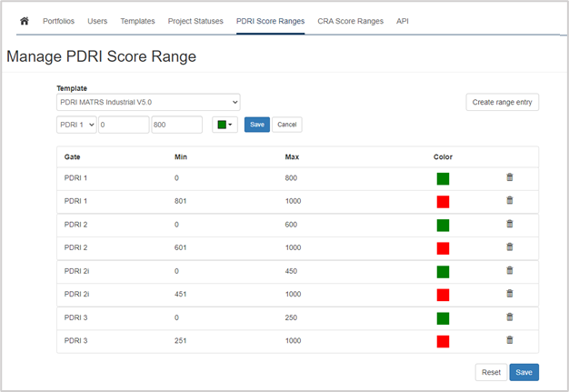 Edit Score Ranges and Colours (PDRI)