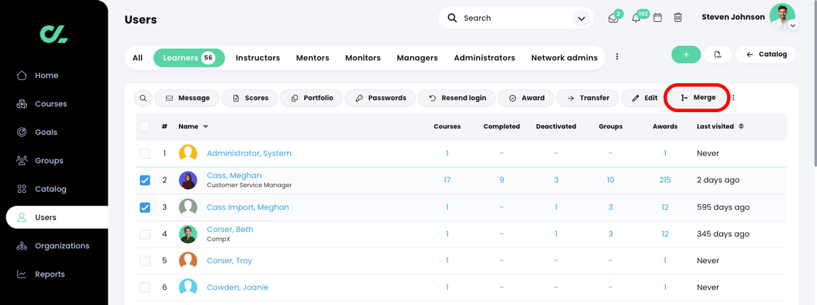 Users, Learners tab with two learners selected and the Merge button highlighted