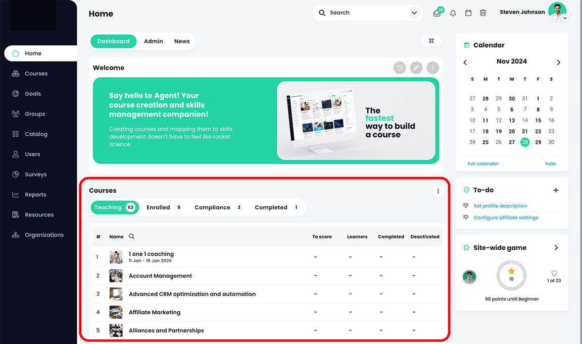 Instructor home page dashboard with the Courses widget in List view and highlighted