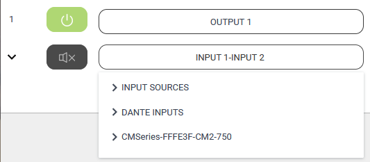 Director amp Web UI's input source list after Dante has been configured, showing Local Inputs, Dante Controller inputs, and other AudioControl Dante inputs