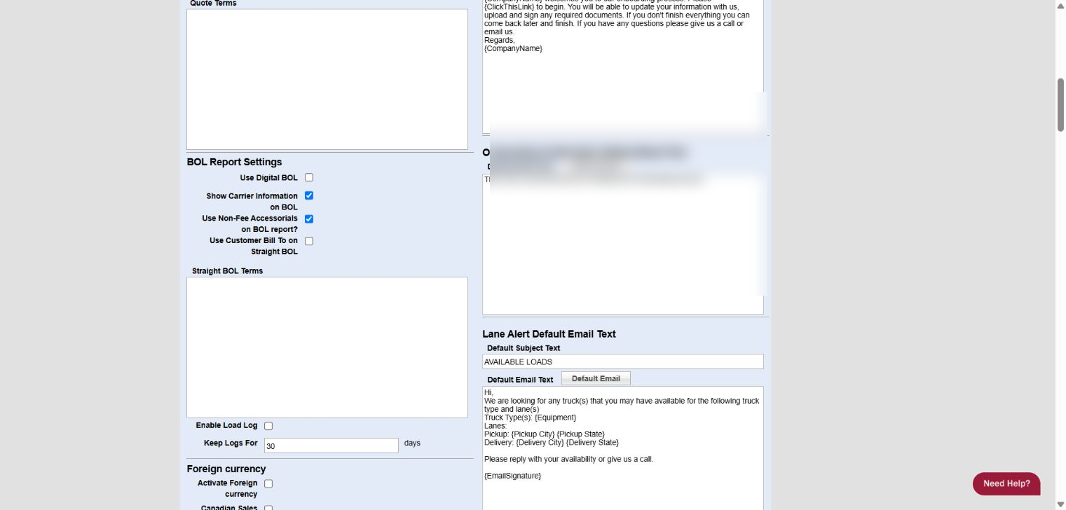0Demo document and email configuration settings with sample data redacted
