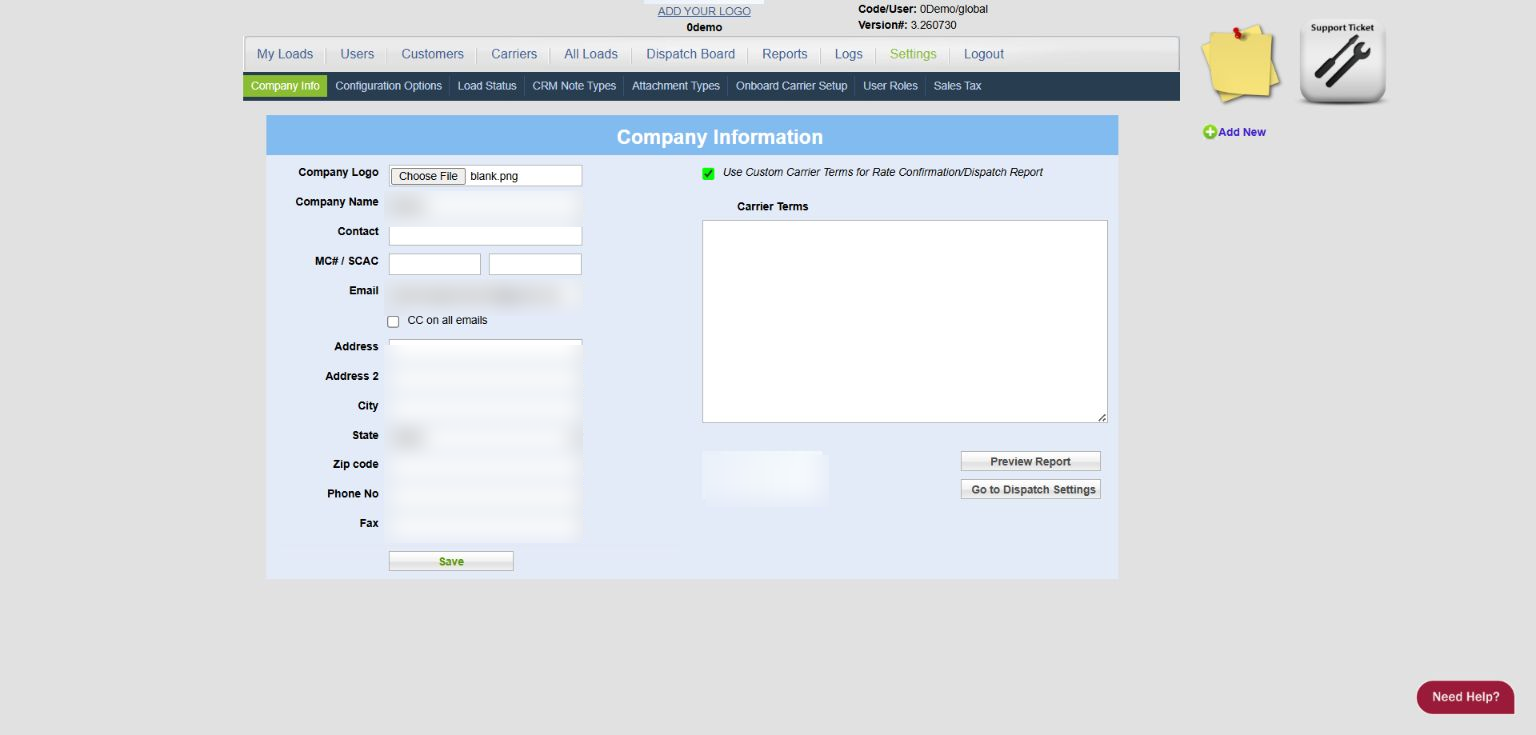 0Demo Company Info screen with company details redacted