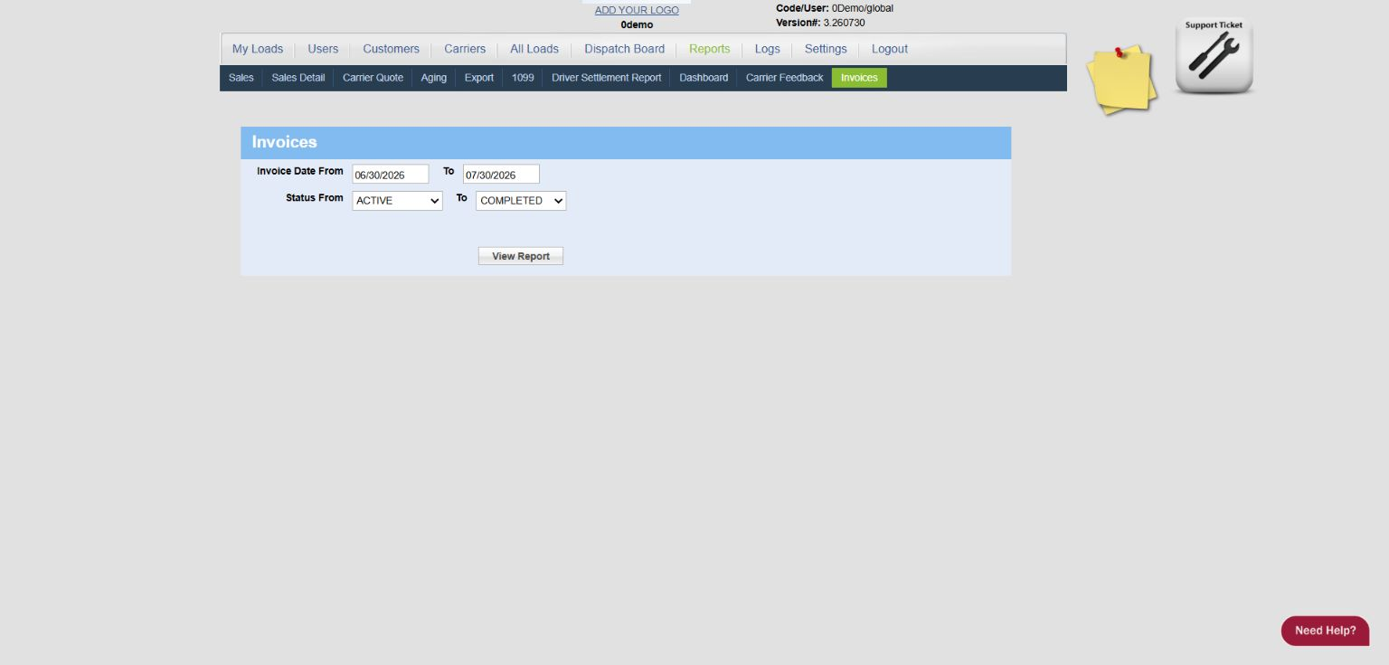 0Demo Invoices report filter screen