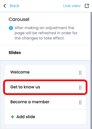 Portal visual editor, Carousel menu with a carousel slide highlighted