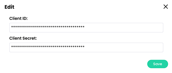 Admin, Affiliates, Settings, Edit section with an example Client ID and Client Secret entered