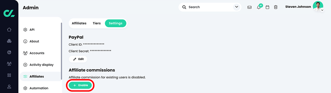 Admin, Affiliates, Settings tab with the Enable button highlighted in the Affiliate commissions section