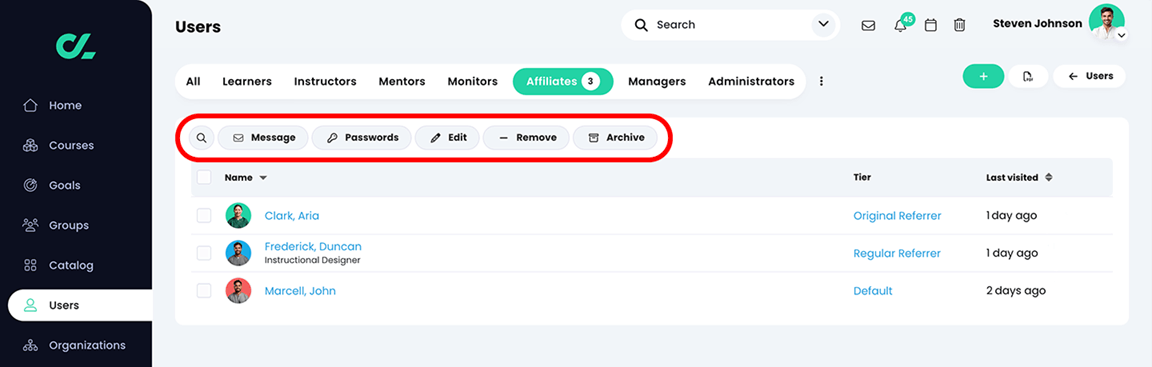 Users, Affiliates tab with the search icon, Message, Passwords, Edit, Remove, and Archive buttons highlighted