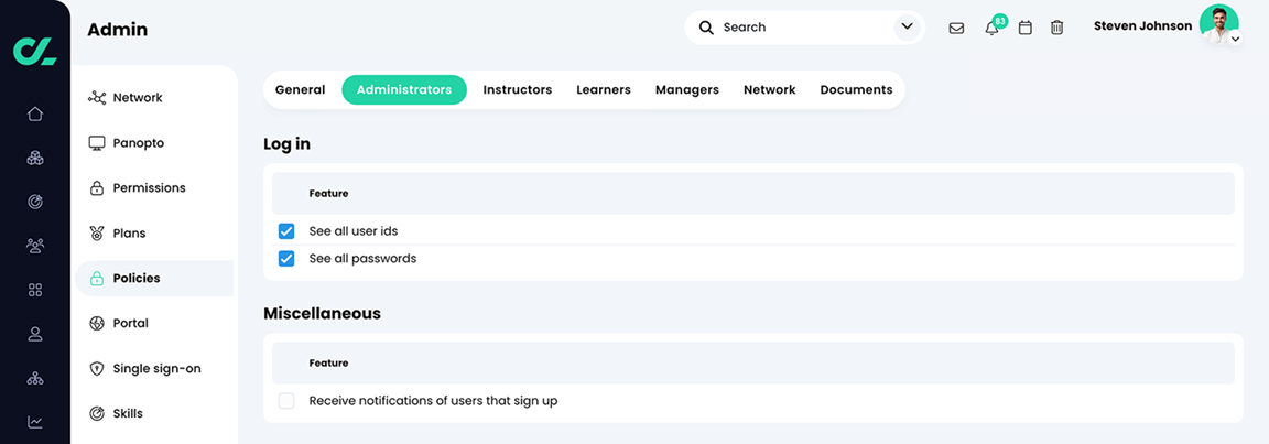 Admin, Policies, Administrators tab