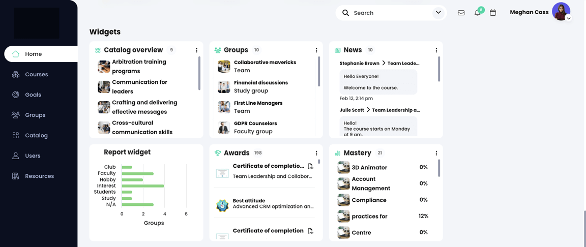 Learner home page dashboard displaying the Catalog overview, Groups, News, Report widget, Awards, and Mastery widgets
