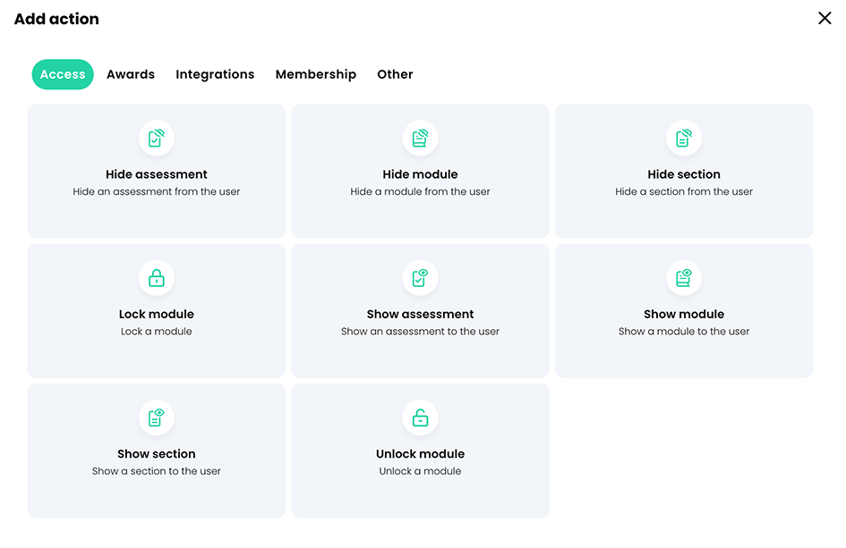 Add action pop-up, Access tab