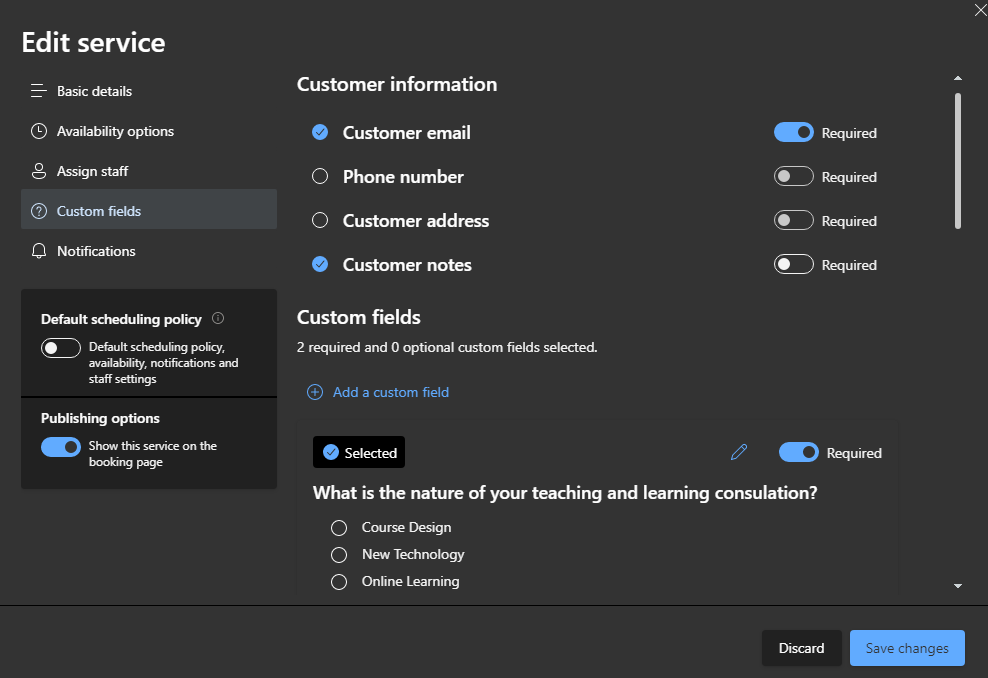 A screenshot of Microsoft Bookings with Custom Fields chosen and displaying the options in the menu