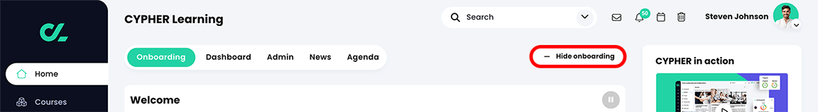 Onboarding page with the Hide onboarding button highlighted 