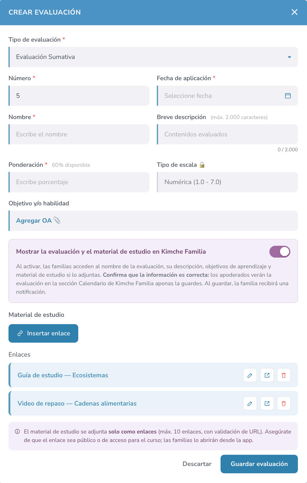 Evaluación con el control de visibilidad y enlaces de material de estudio.