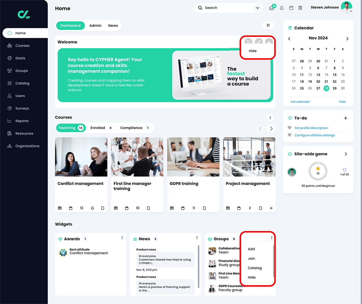 Home dashboard with two widget options menus open and the Hide button visible