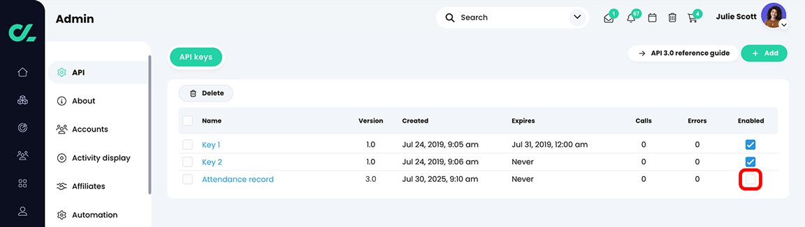 Admin, API keys page with the Enabled checkbox highlighted for an API key