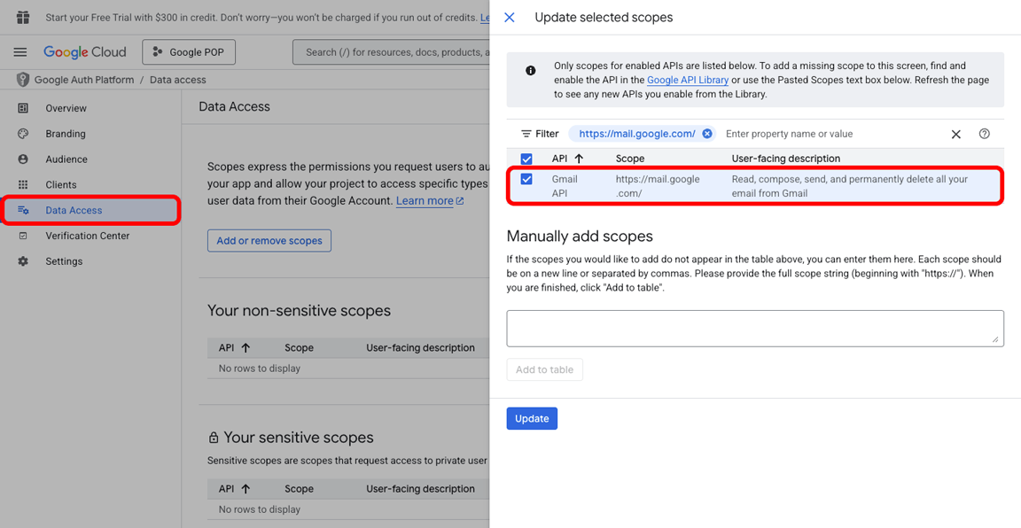 Google Cloud Console, Google Auth Platform, Data Access page with the Update selected scope window displayed and the Gmail API selected and highlighted