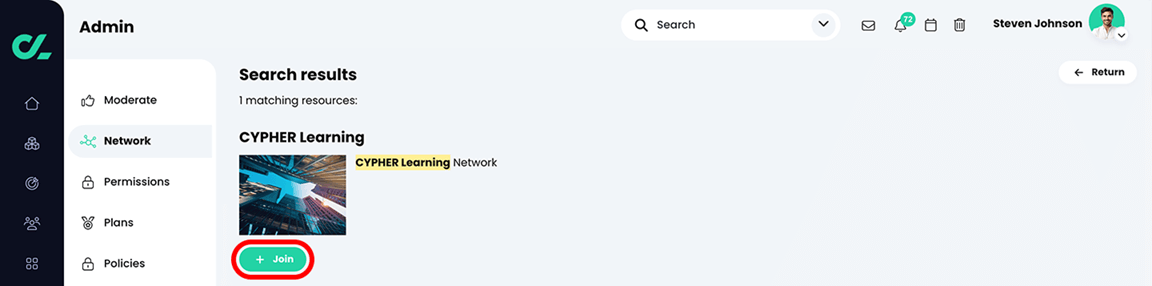 Admin, Network, with a network returned in a network search and the Join button highlighted