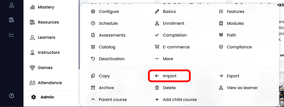 Course, Admin menu active with the Import button highlighted