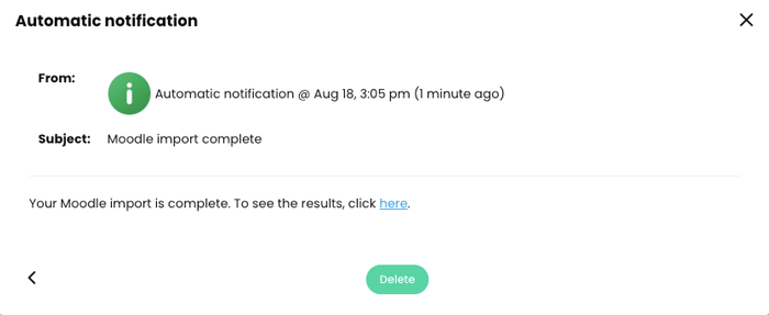 Automatic notification of a successful Moodle course import