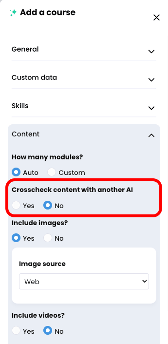 CYPHER Agent menu, Content tab opened with Crosscheck content with another AI highlighted