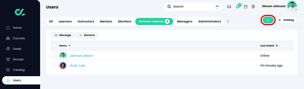 Users, Network admins tab with the Add button highlighted