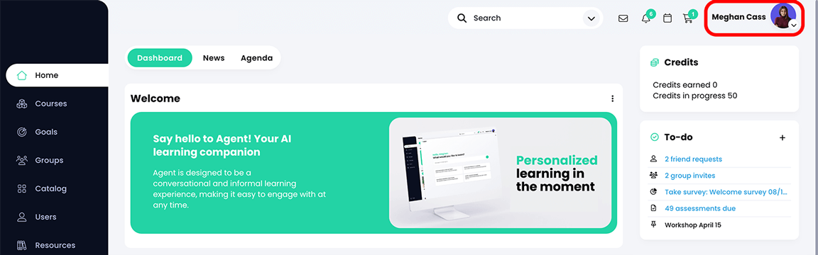 User home dashboard with the profile name and picture highlighted