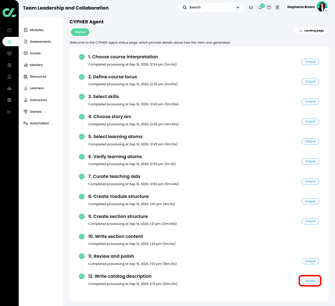 CYPHER Agent status page with the Review button highlighted in the Write catalog description section
