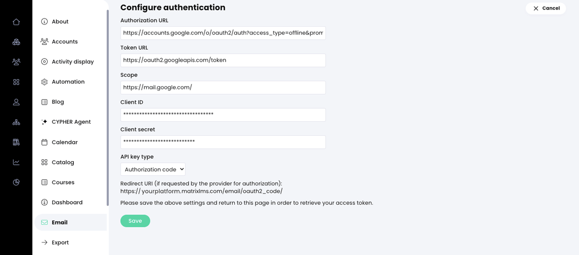 Admin, Email, Configure authentication page with example information