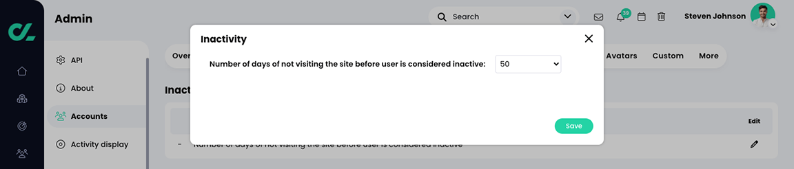 Admin, Accounts, Inactivity tab with the Inactivity pop-up and 50 selected from the drop-down menu