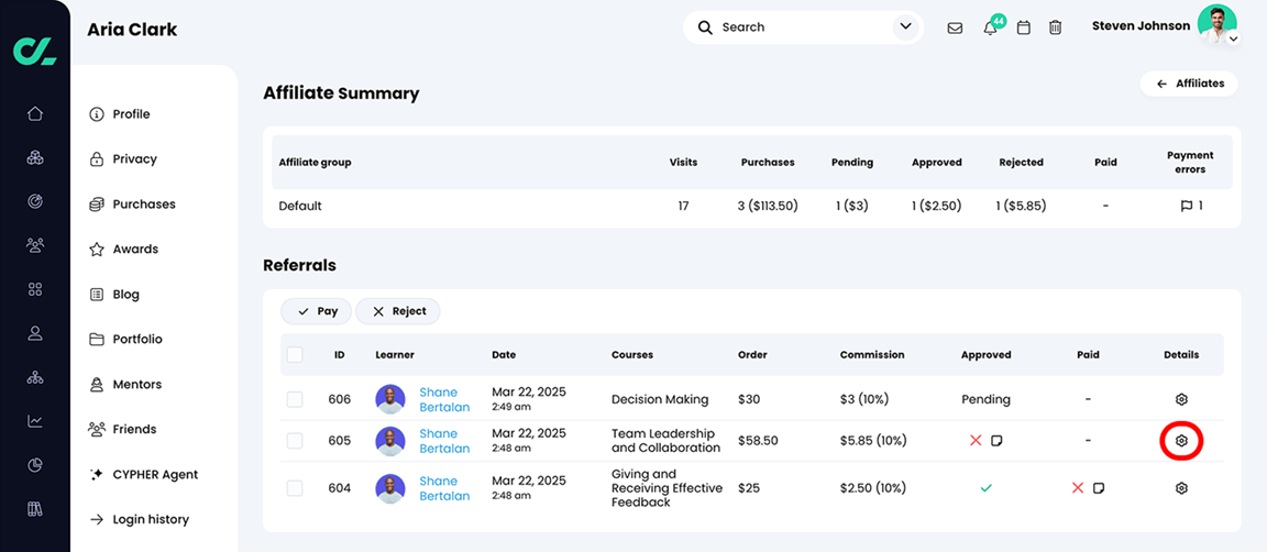 Affiliate Summary page for an individual affiliate, with the Details icon highlighted for a pending referral