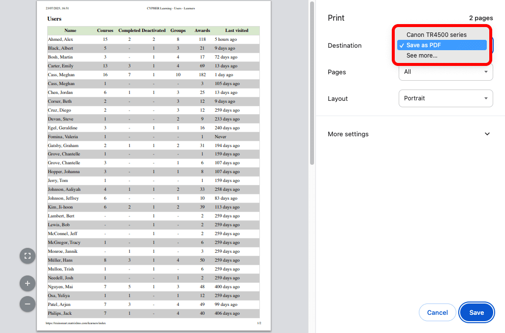 Browser Print pop-up with a user list preview and the Destination menu active and highlighted