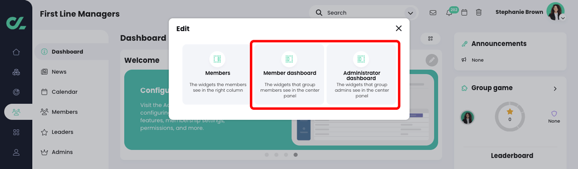 Edit widgets pop-up with the dashboards for different user types highlighted