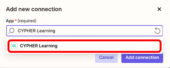 Zapier, Add new connection pop-up with CYPHER Learning in the Search results