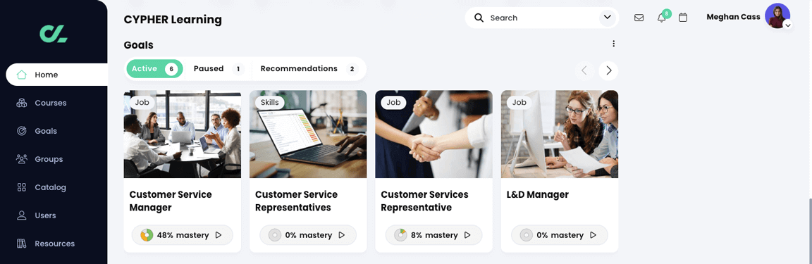 Learner home page dashboard, Goals widget