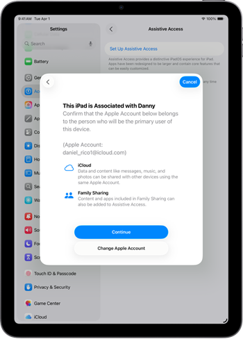An iPad showing the Apple Account associated with the device and information about iCloud and Family Sharing features that can be used with Assistive Access.