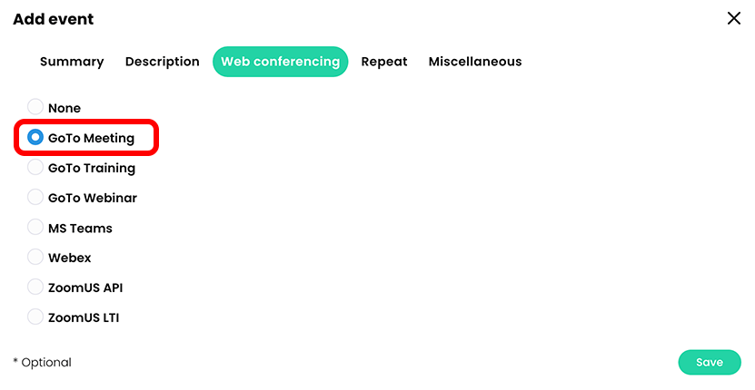 Calendar, Add event pop-up withGoTo Meeting highlighted