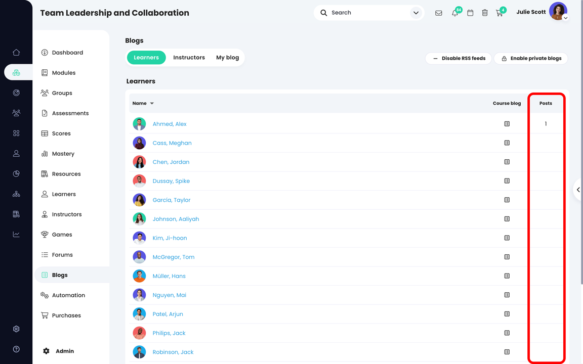 Course, Blogs, Learners page highlighting how many posts each learner has published