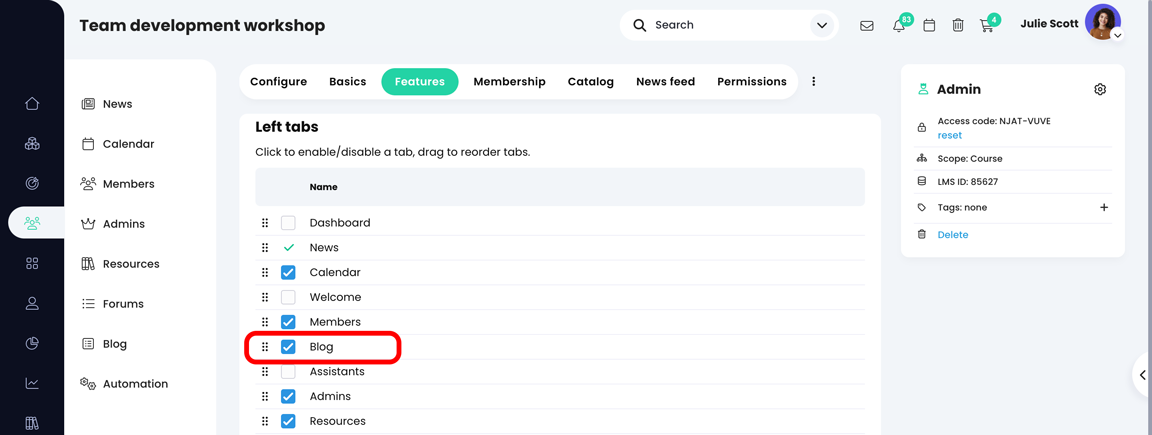 Group, Admin, Features page with the Blog feature selected