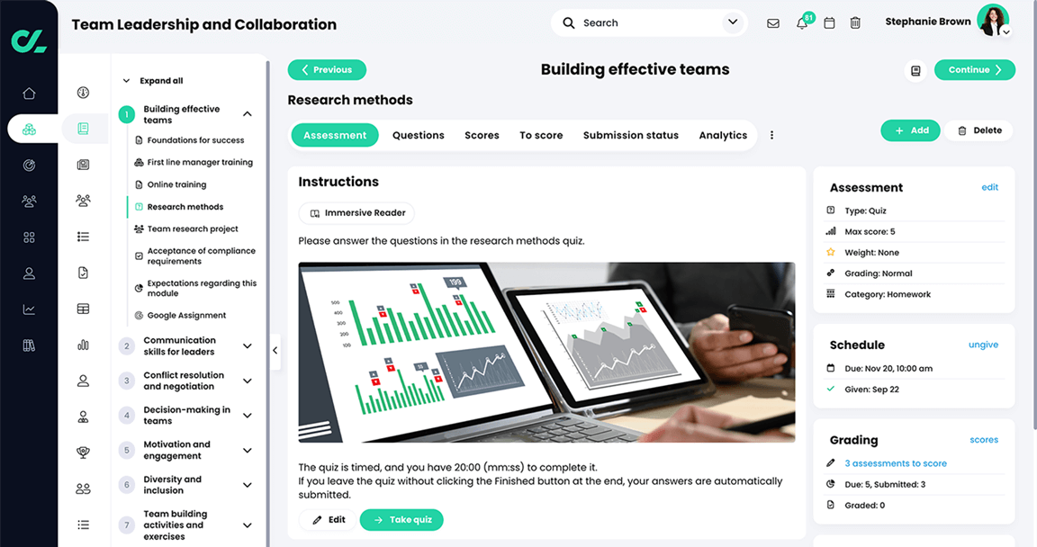 Course, Assessments, Quiz, Assessment tab with sample instructions