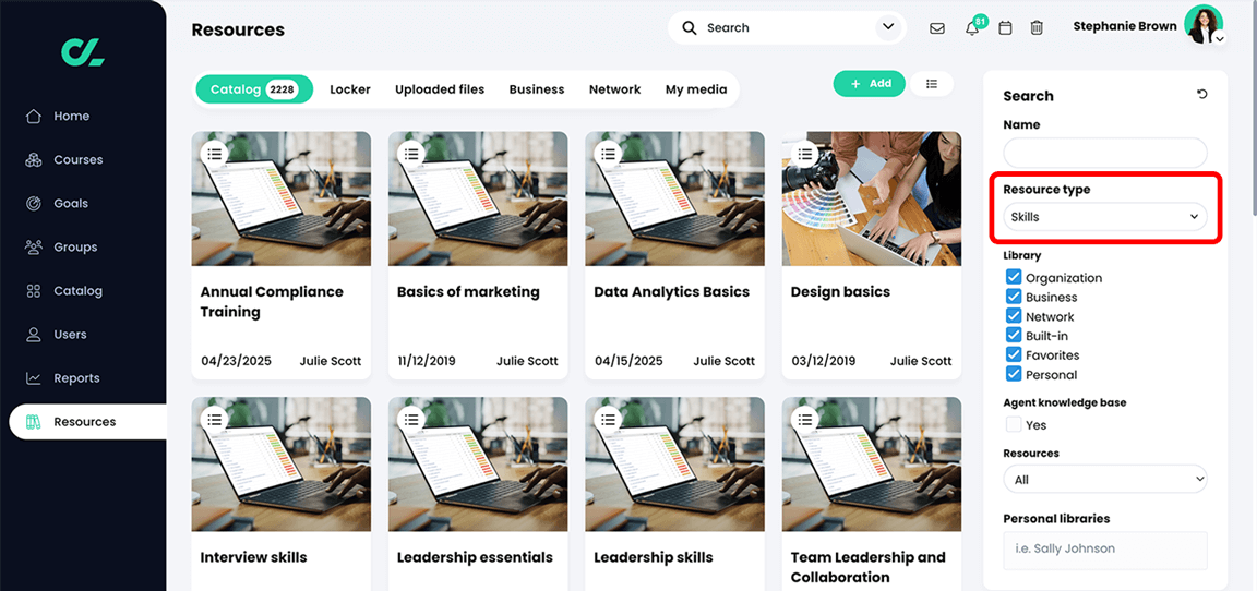 Resources, Catalog tab with Skills selected and highlighted in the Resource type drop-down in the Search panel