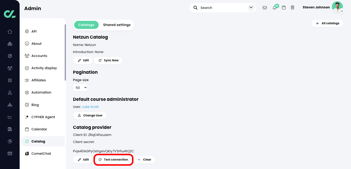 Admin, Catalog, Netzun settings page with the Test connection button highlighted in the Catalog provider section