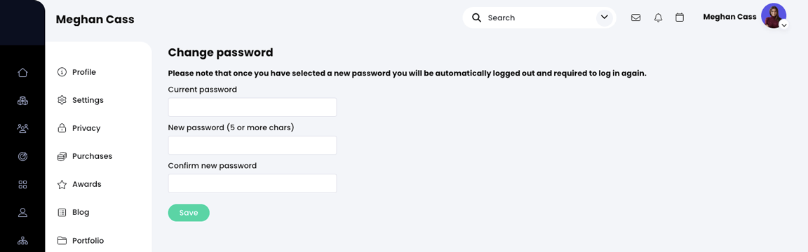 Skrin tukar kata laluan dengan keperluan kata laluan dipaparkan dalam kurungan untuk kata laluan baharu