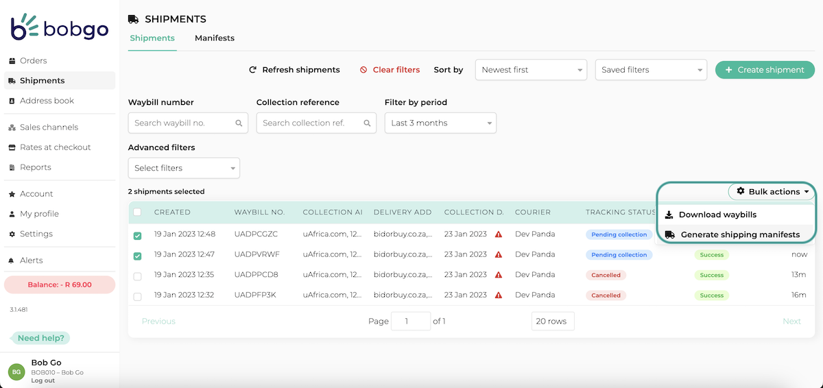 Generate a shipping manifest using Bulk actions in Bob Go