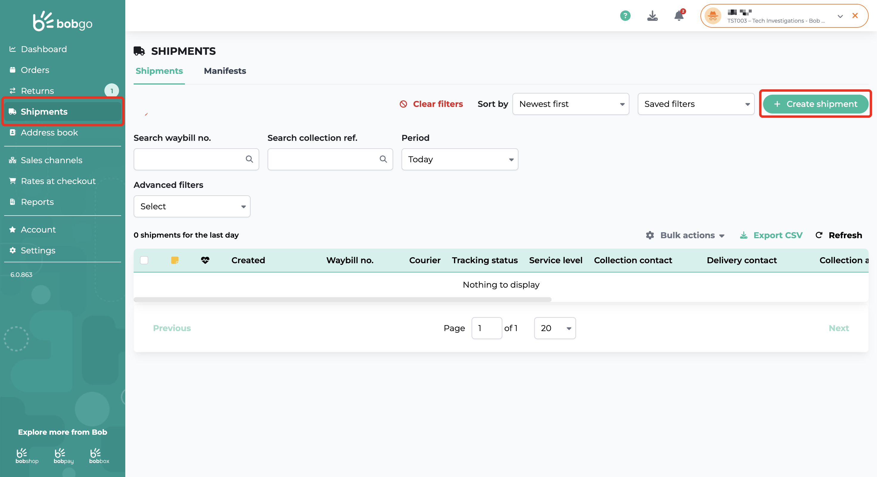 Create shipment button in Bob Go