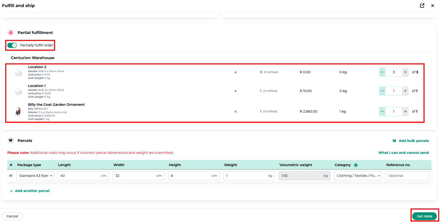 Partially fulfill an order in Bob Go