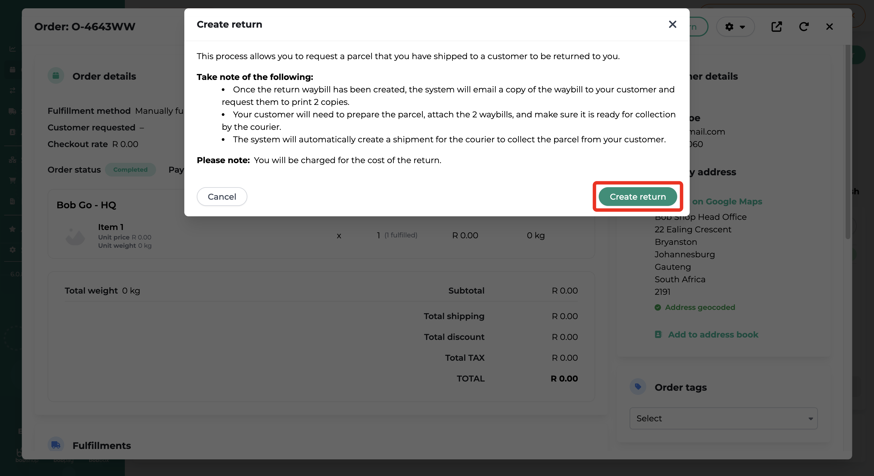 Return shipment details in Bob Go