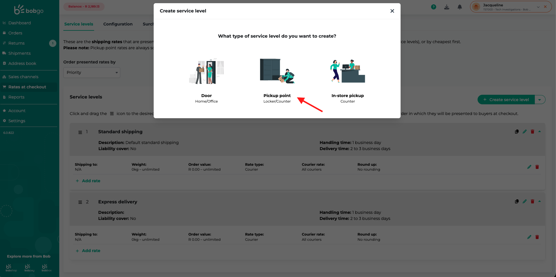 Create a pickup point service level in Bob Go Rates at checkout