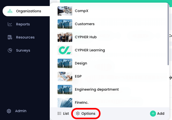 Primary navigation menu with the Organizations menu active and the Options button highlighted