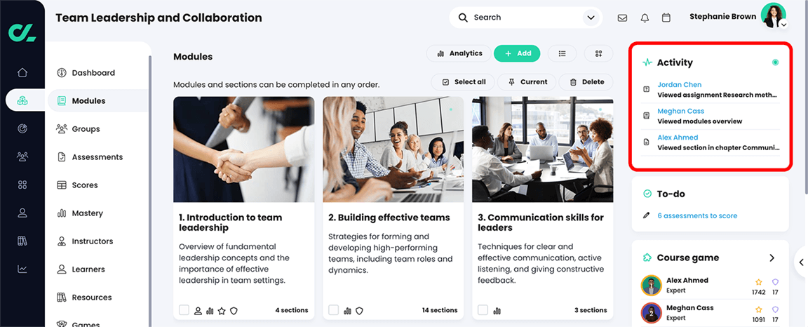 Course, Modules page with the Activity widget highlighted and showing recent user activities