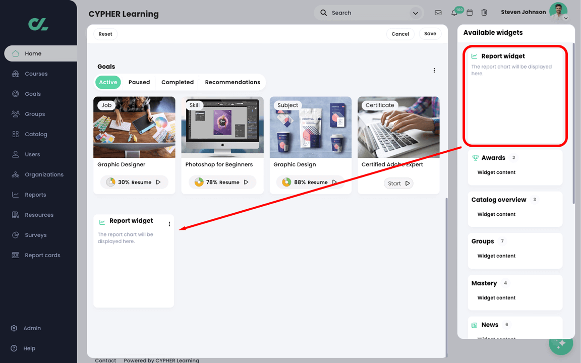 Center panel edit mode with the Report widget highlighted in the Available widgets column with an arrow pointing at the center panel